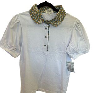 Tulip B White Puff-Sleeve Blouse with Yellow Daisy Peter Pan Collar 100% Cotton